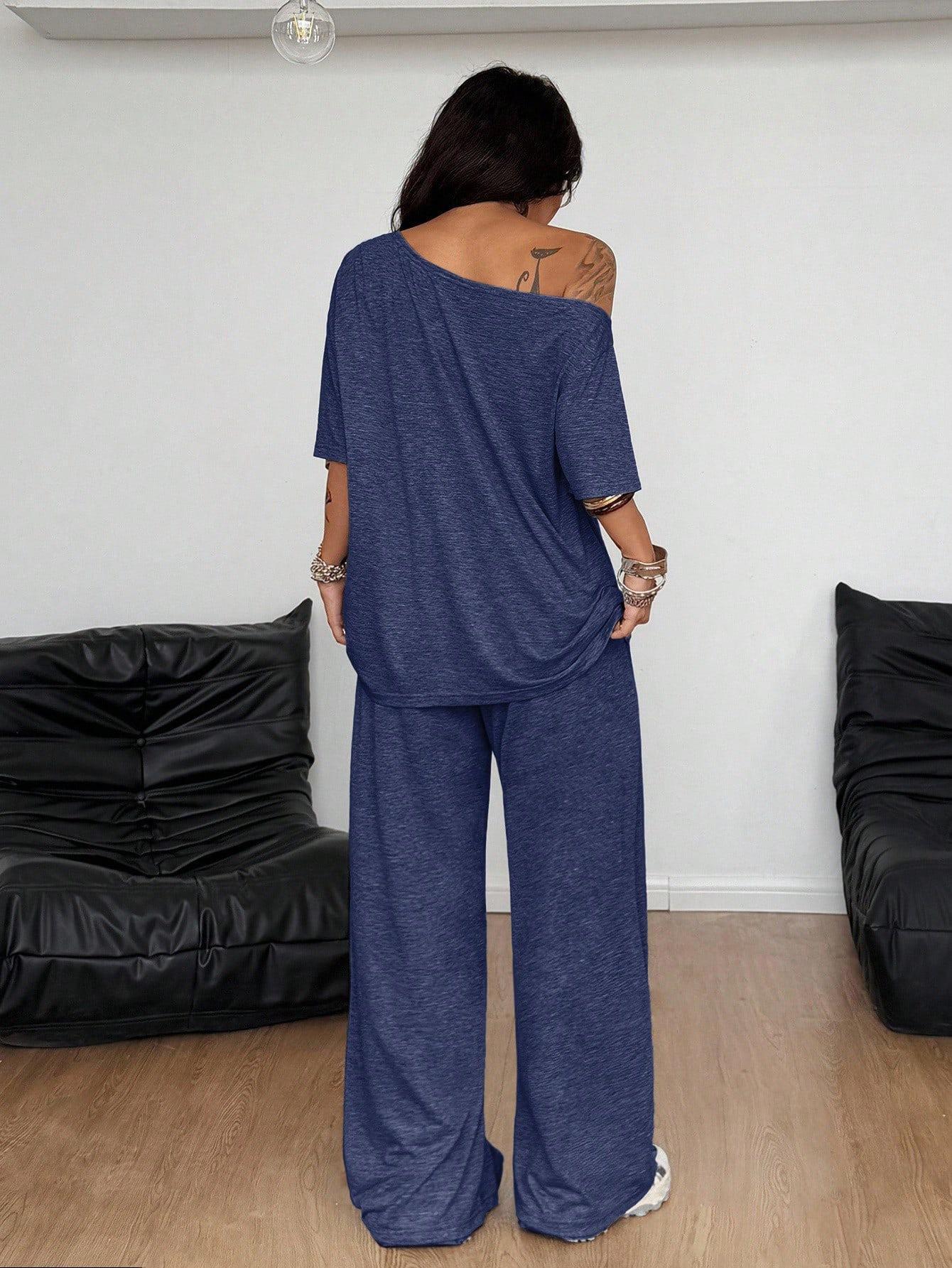 Women Off-Shoulder 2 Piece Set, Oversized Top and Wide Leg Elastic Drawstring Pants