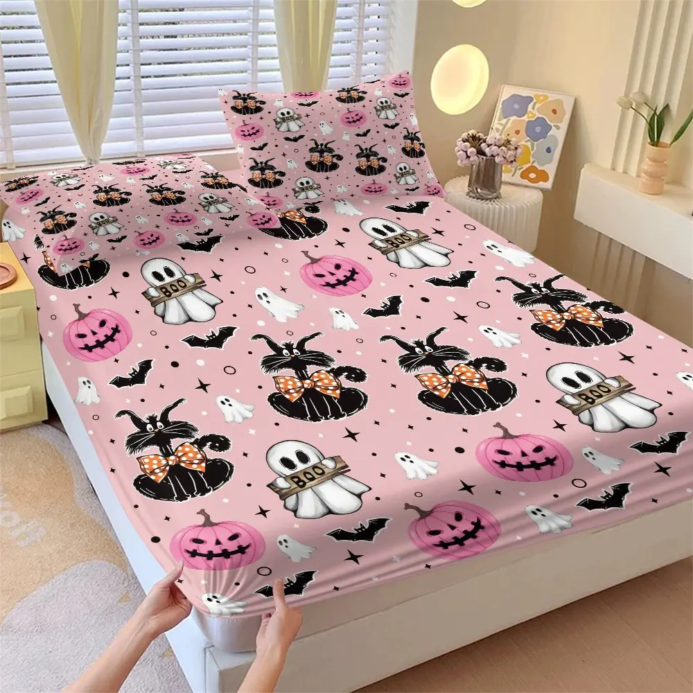 Halloween Cartoon Bed Sheet Set, Cute Ghost Cat Pumpkin Bat Full Cover Mattress Protector, Festival Bedding with Two Pillowcases