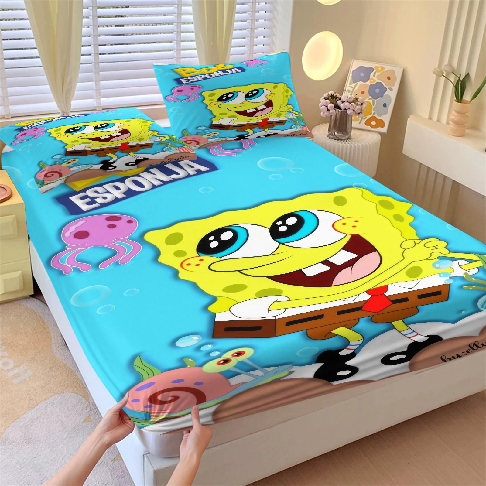 3 Piece Spongebob Pattern Fitted Sheet Set, Soft And Durable Bedding Set Includes 1 Piece Flat Sheet And 2 Pieces Pillowcases, Daily Holiday Birthday Gift Bedroom Decorations For Kids And Adults
