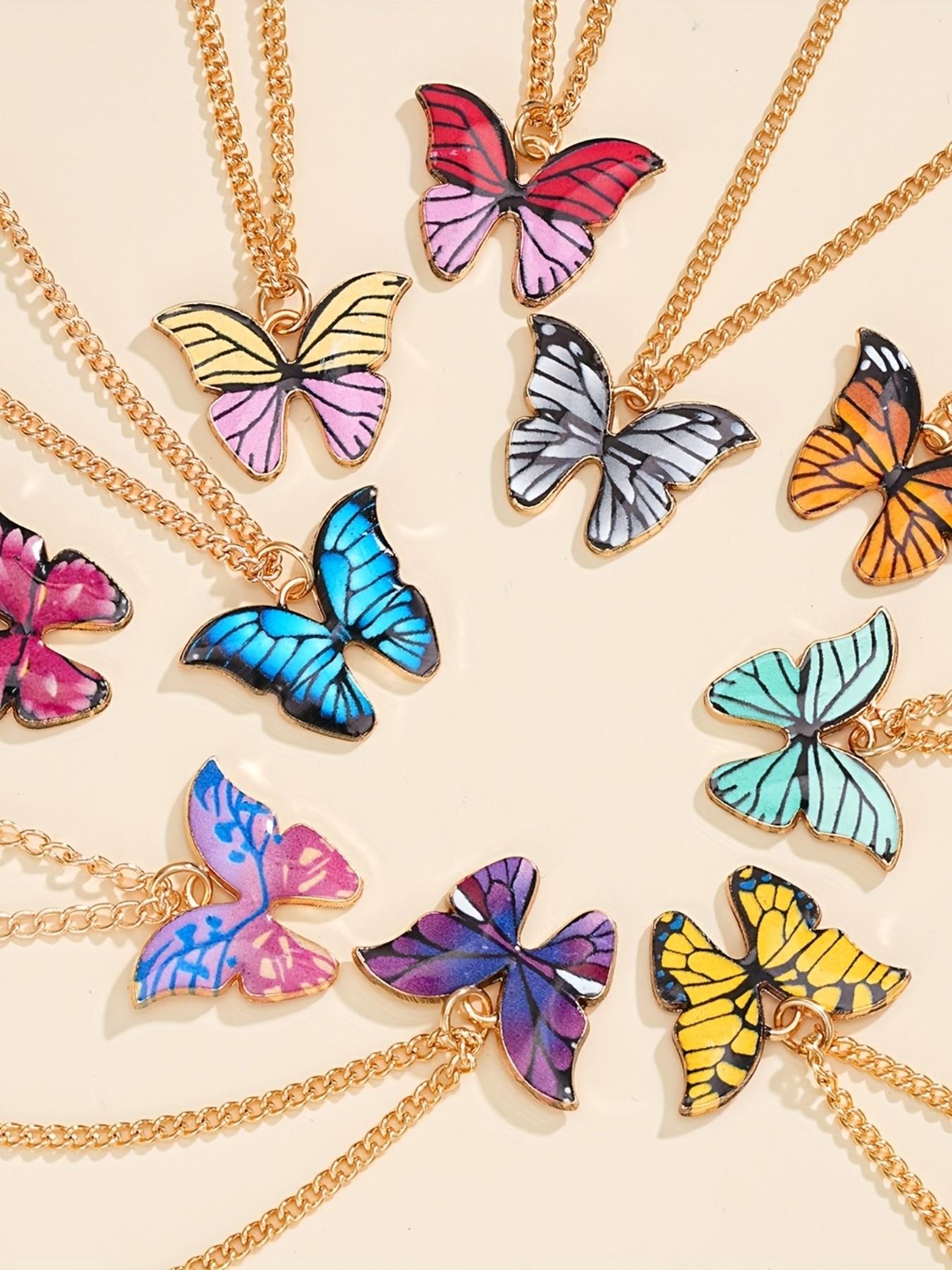 10-Piece Fashion Elegant Simple Colorful Butterfly Y2K Pendant Matching Necklaces Set, Unisex, Perfect for Vacation, Party, Date, Gift, Daily Wear