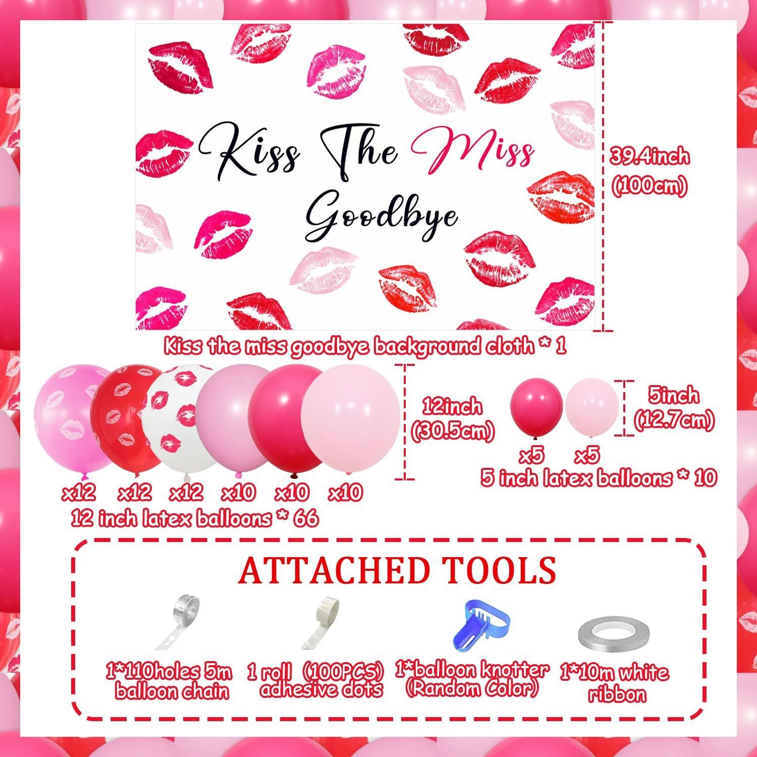 81Pcs Kiss the Miss Goodbye Bachelorette Balloon Kit - Great Value Hot Pink DIY Time Garland Arch Set with Backdrop, Lips Print Red Balloons for Wedding Bridal Shower Decor, Friends & Guests Photography Prop, Balloon Arch Kit