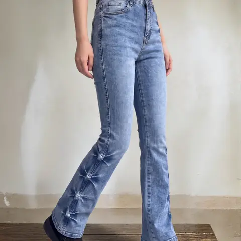 Women's Blue Stretch Denim Pants for Office, Side Embroidery Micro Flare Washed Slim Fit Daily Wear for All Seasons
