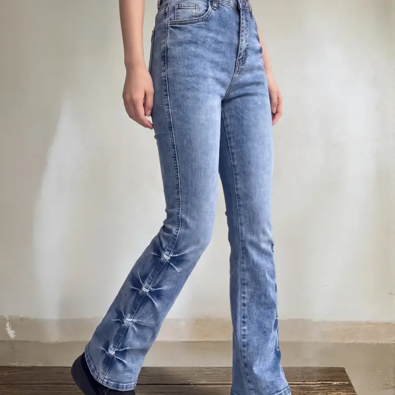Women's Blue Stretch Denim Pants for Office, Side Embroidery Micro Flare Washed Slim Fit Daily Wear for All Seasons