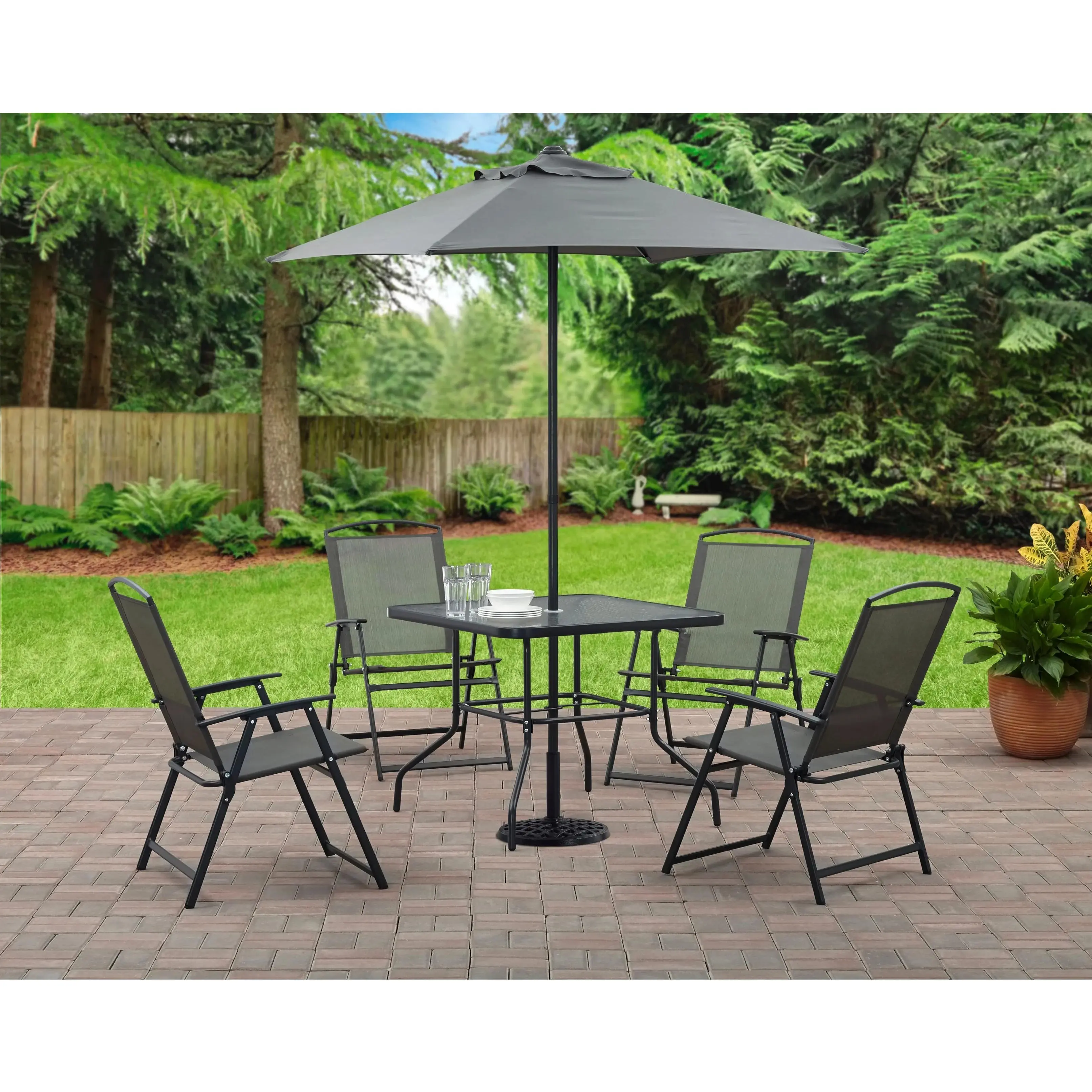 6 Piece Steel Patio Dining Set, Outdoor Backyard Dining Furniture Set with Matching Umbrella, Gray