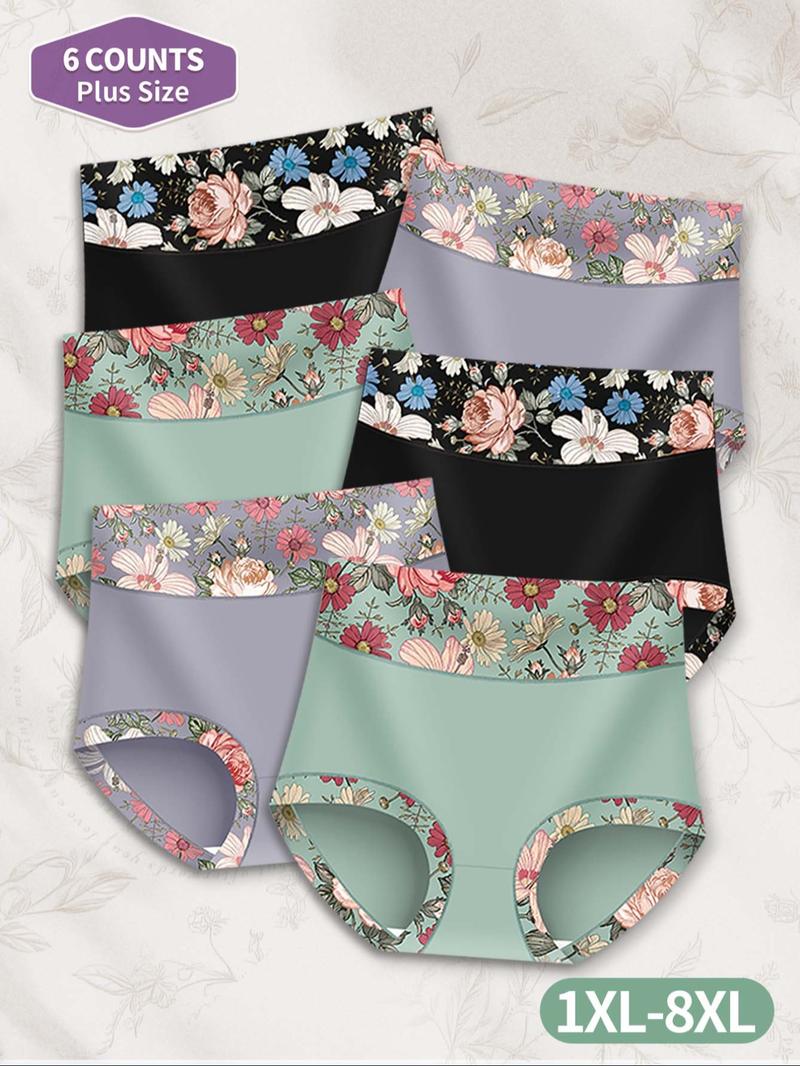 【Plus Size】 Floral Print Patchwork High Waist Panty, Tight Fit Soft Comfy Breathable Brief for Daily Wear, Women's Underwear for All Seasons, Colorblock Print Panty
