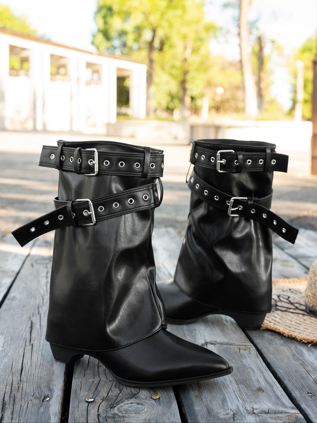 Women's High Heel Pointed Toe Short Boots, Soft Leather Boot Tube with Metal Buckle Decor, Vintage Western Cowboy Style Fashion Boots, Western Cowgirl Boots