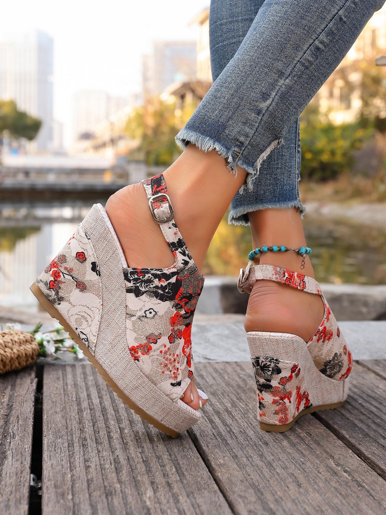 Women's Chinese Style Plum Blossom Printed Wedge Sandals, Summer Retro Platform Elevated Buckle Open-Toe Vacation Roman Shoes