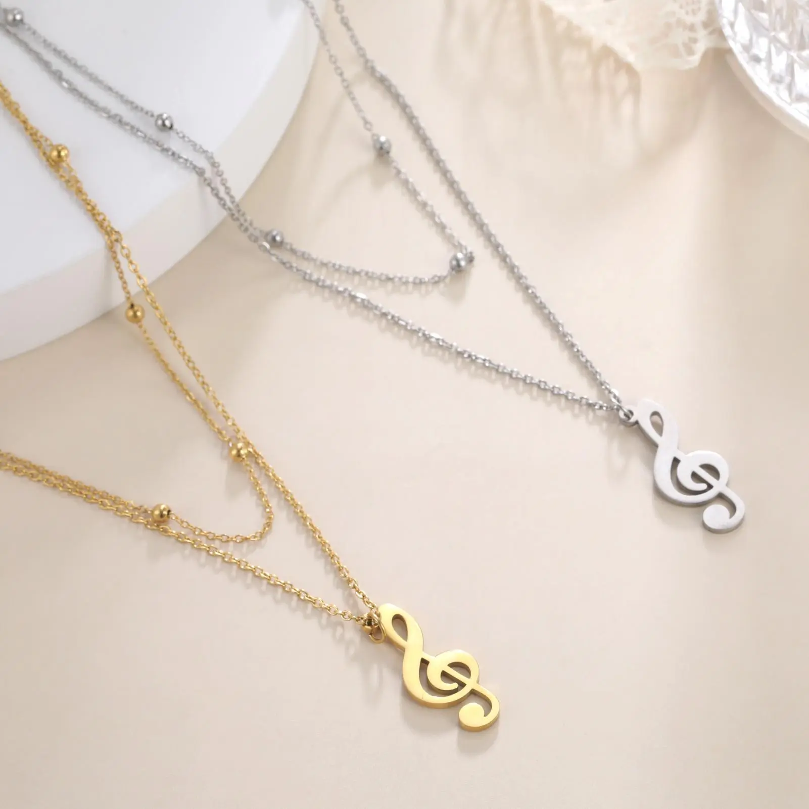 Music note pendant necklace stainless steel women's double-layer bead chain music enthusiast hip-hop punk jewelry gift