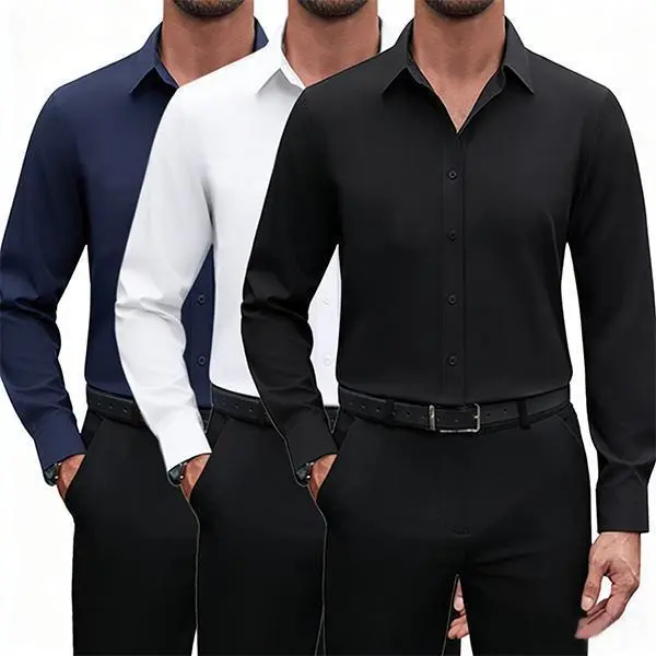 Shirt 16-way slight stretch Long sleeve button collar Business casual Shirt Wrinkle-resistant travel shirt Men's top