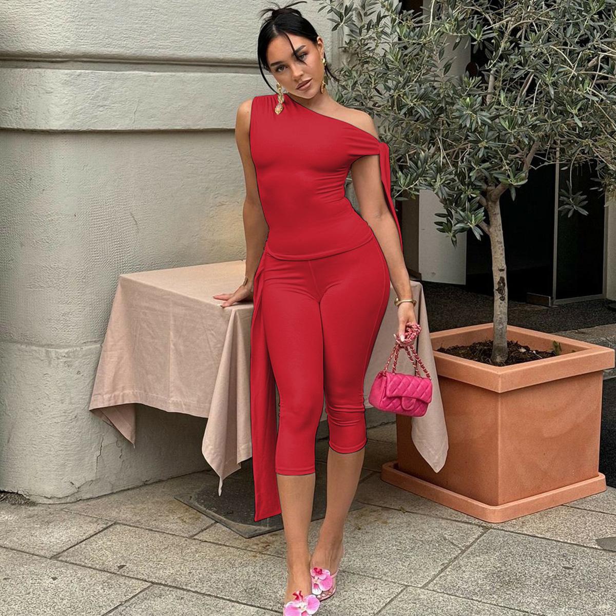 Solid Slanted Neck Lacing Design Sleeveless Top & High Waist Cropped Pants Two-Piece Set Women 2025 Summer New Casual Sexy with Ribbon Elegant Party Club Clothing Outfits