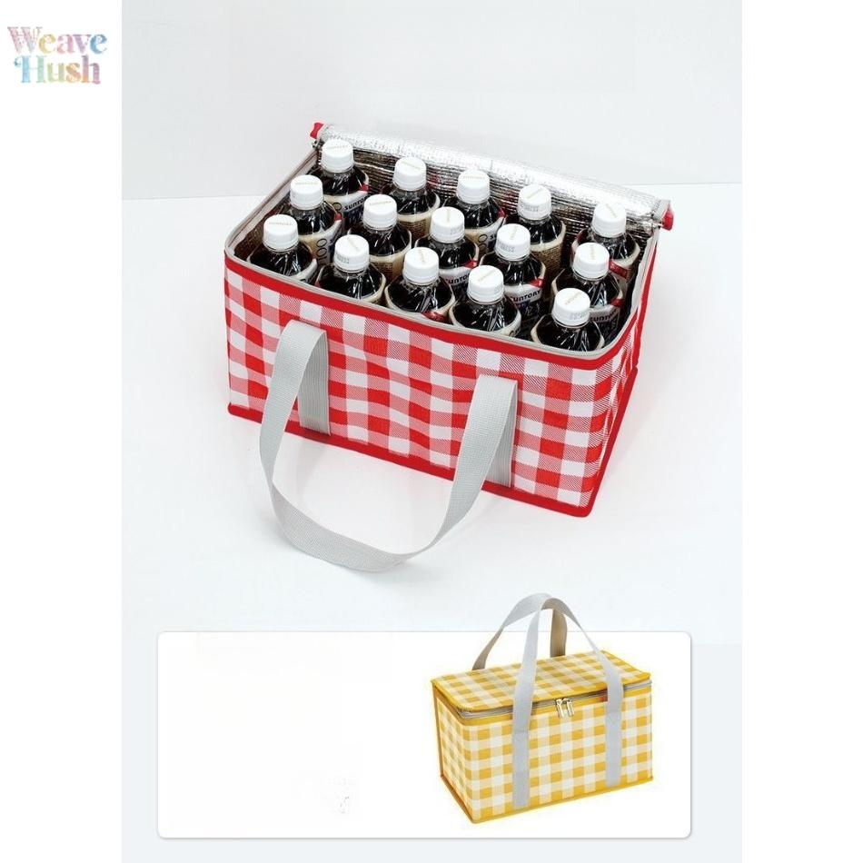 Striped Grid Polyester Cooler Bag, Large Capacity Portable Insulated Lunch Tote, Foldable with Matching Mat for Camping & Picnics, Cooler Bags, Synthetic, Insulated Bag