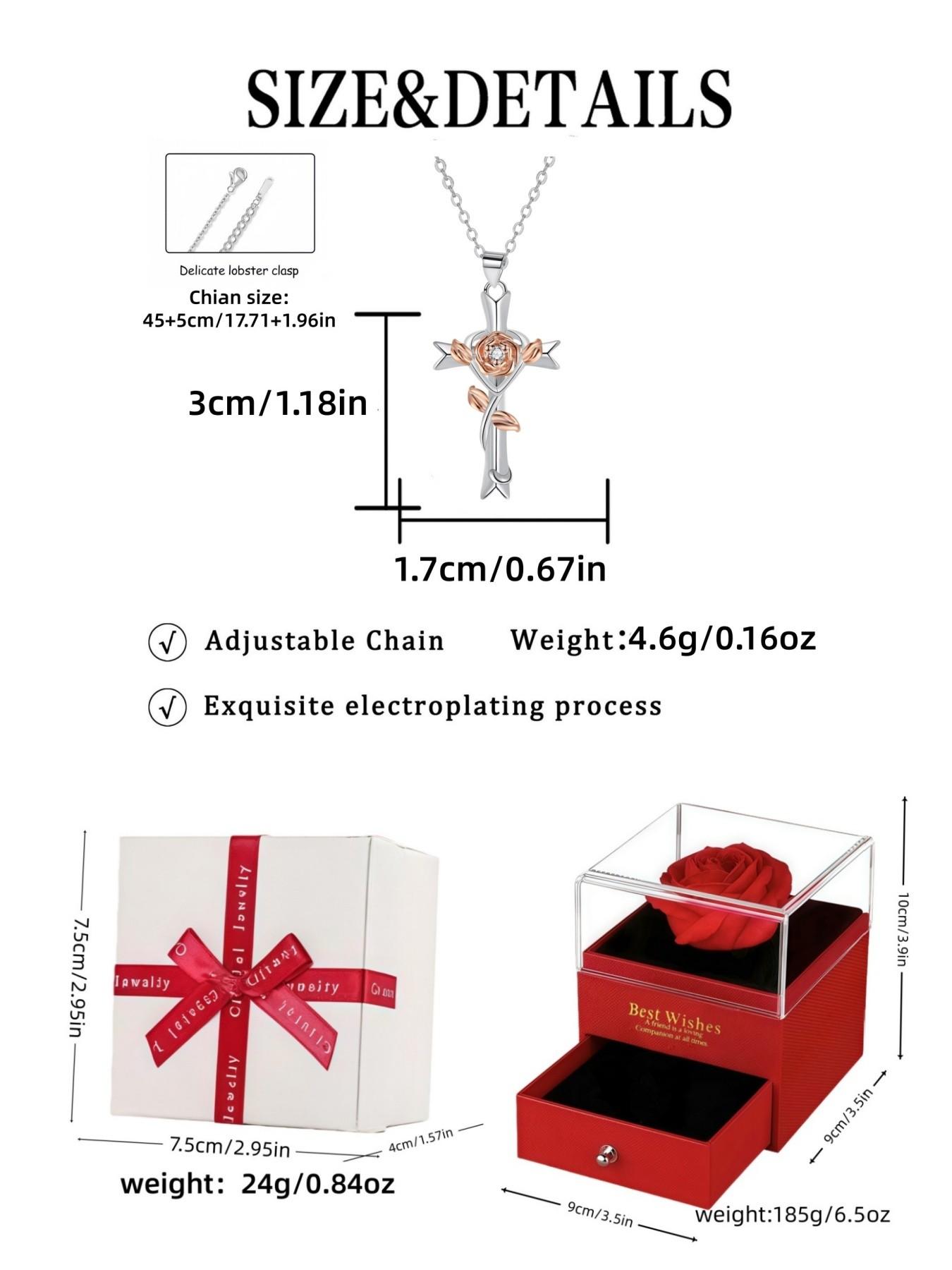 Cross Rose Glow · Dual Charm Original niche rose cross gem necklace with red preserved rose gift box. Ideal for birthdays, Mother's Day, Valentine's Day and all festivals.