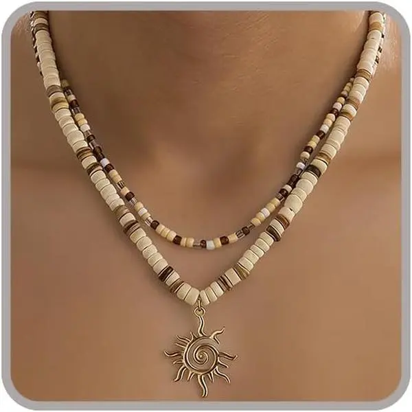 Puka Shell Necklace for Men - Surfer Wooden Beaded Coconut Shell Beach  - Hawaiian Summer Accessory