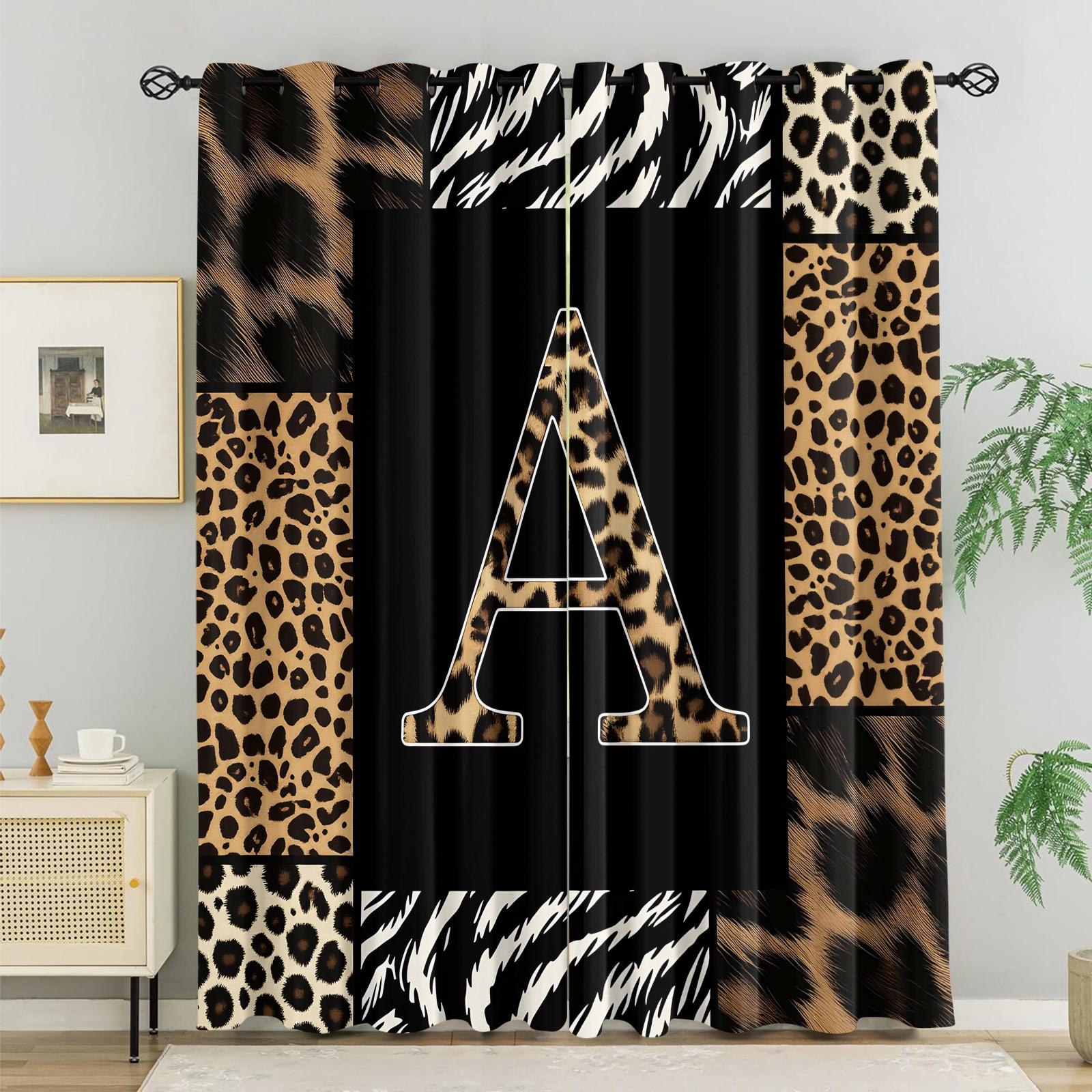 2 Panels 26 Letters Leopard Print Curtains, 80%-90% Light Blocking Curtains, Alphabet Printed Curtains, Stylish Decor Curtains for Bedroom Living Room, Wild Style Window Drapes, Ideal Gift