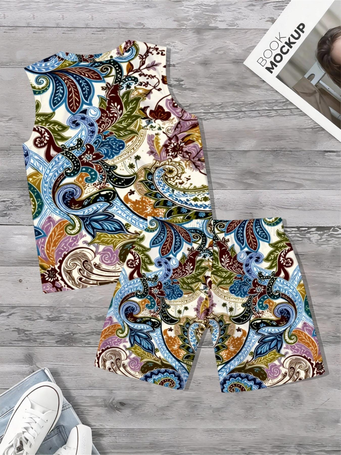 Men's Bohemian Paisley Printed Sleeveless Summer Casual Set