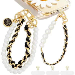 2 Pcs Phone Charm Wrist Strap with Tether Tab, Double Anti Lost Beaded Wrist Lanyard, Detachable Metal Phone Charms for Bag, Key Chains, Camera Decor (Large Pearl+Black Leather)