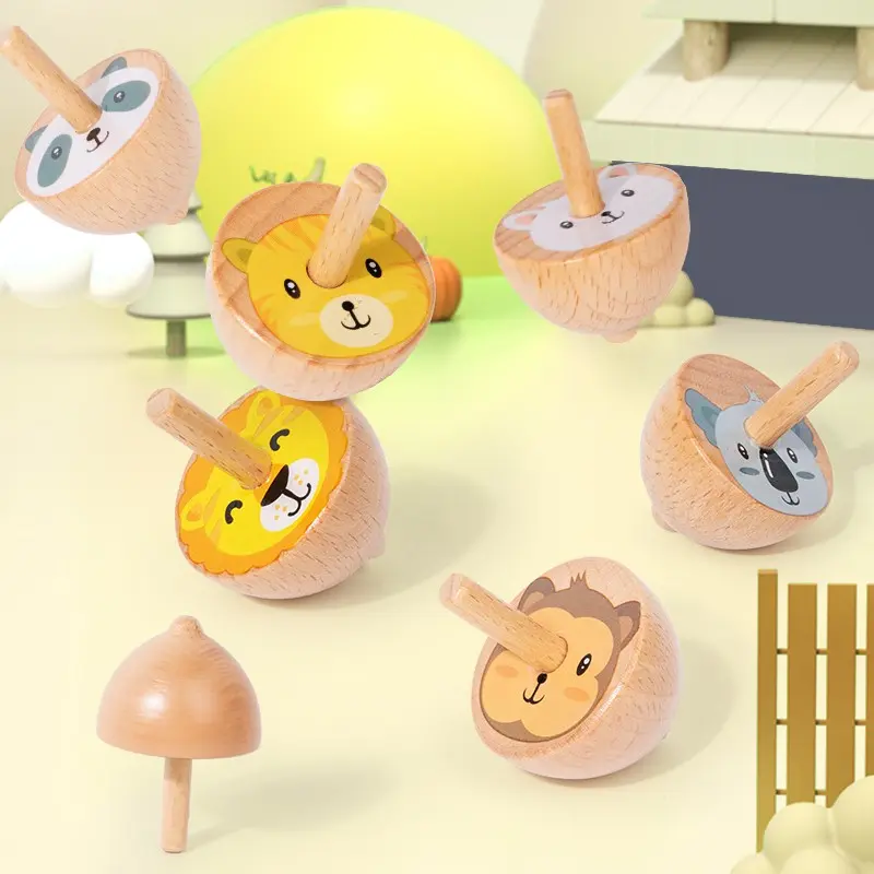 Wooden Spinner Toy Set, Cartoon Animal and Fruit Designs, Kids' Retro Hand Spinners, Stress Relief and Educational Toys for Babies
