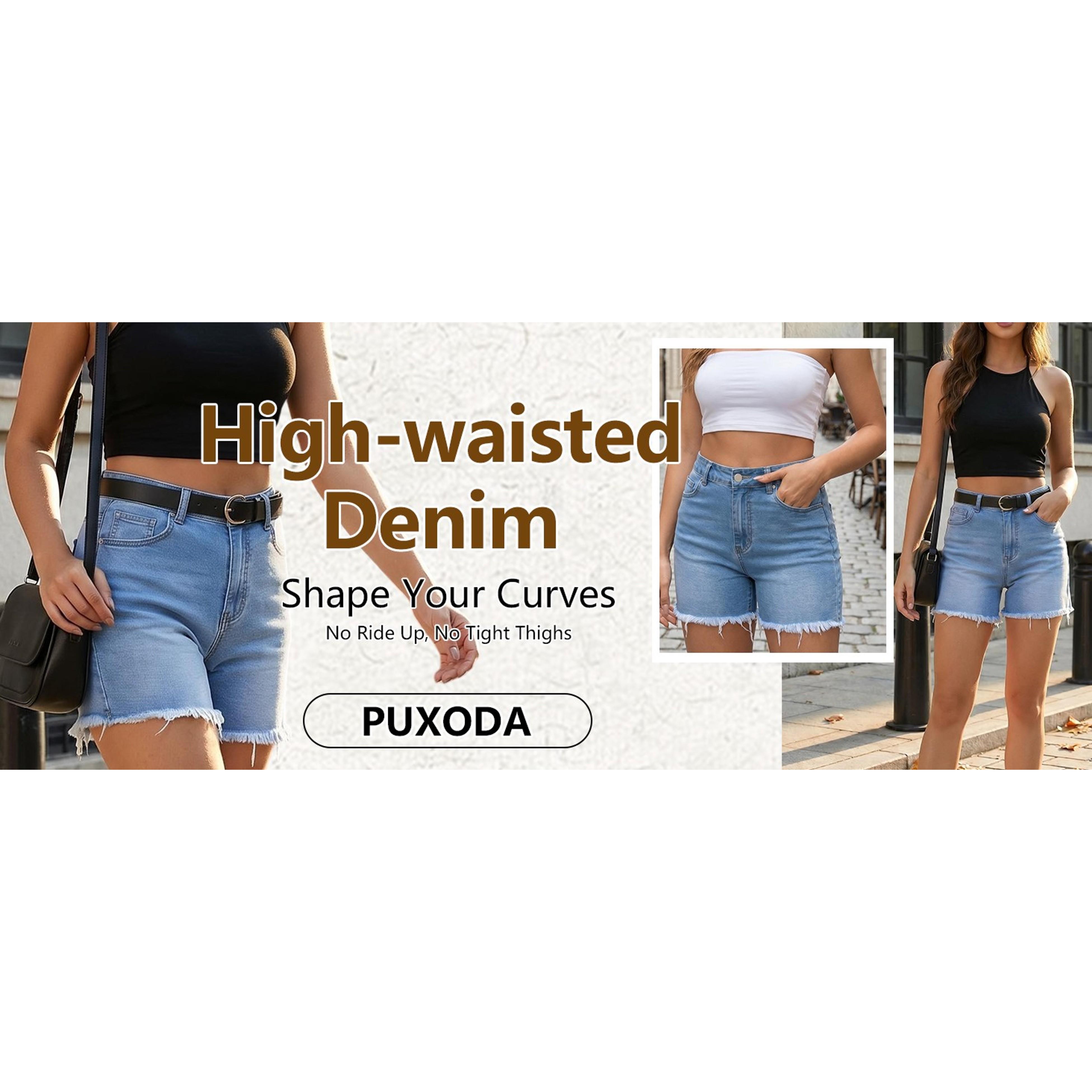 Women's High-Waisted Stretchy Ripped Frayed Hem Denim Jean Shorts, Streetwear Cotton Linen Bottoms with Kimono-Inspired Accents, Fabric, Style