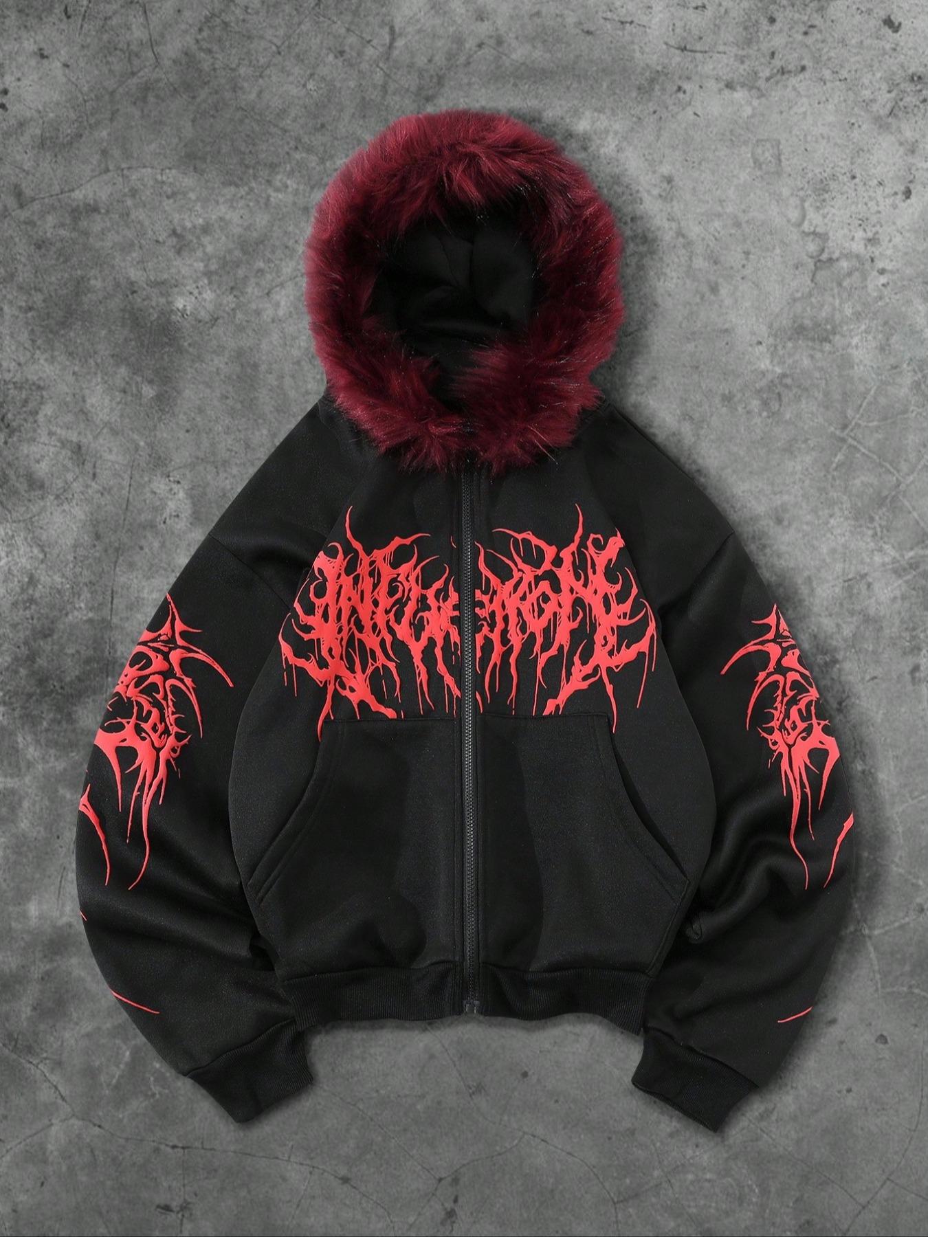 Y2K Cyber Grunge Full Zip Hoodie with Red Furry Hood | Gothic Y2K Cyber Grunge Full Zip Hoodie with Red Furry Hood | Gothic