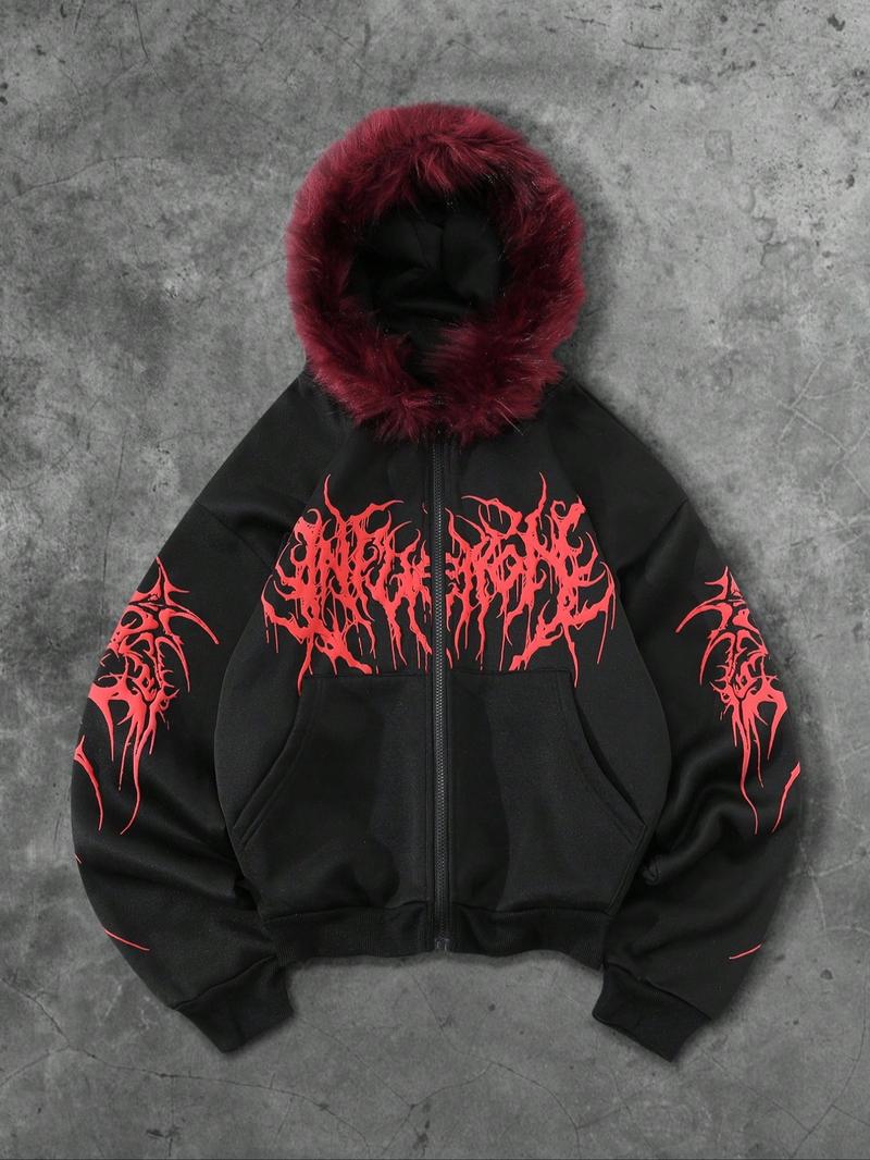 Y2K Cyber Grunge Full Zip Hoodie with Red Furry Hood | Gothic Graphic Oversized Jacket for Vampire Aesthetic | Underground Streetwear for Winter Music Festivals & Night Out