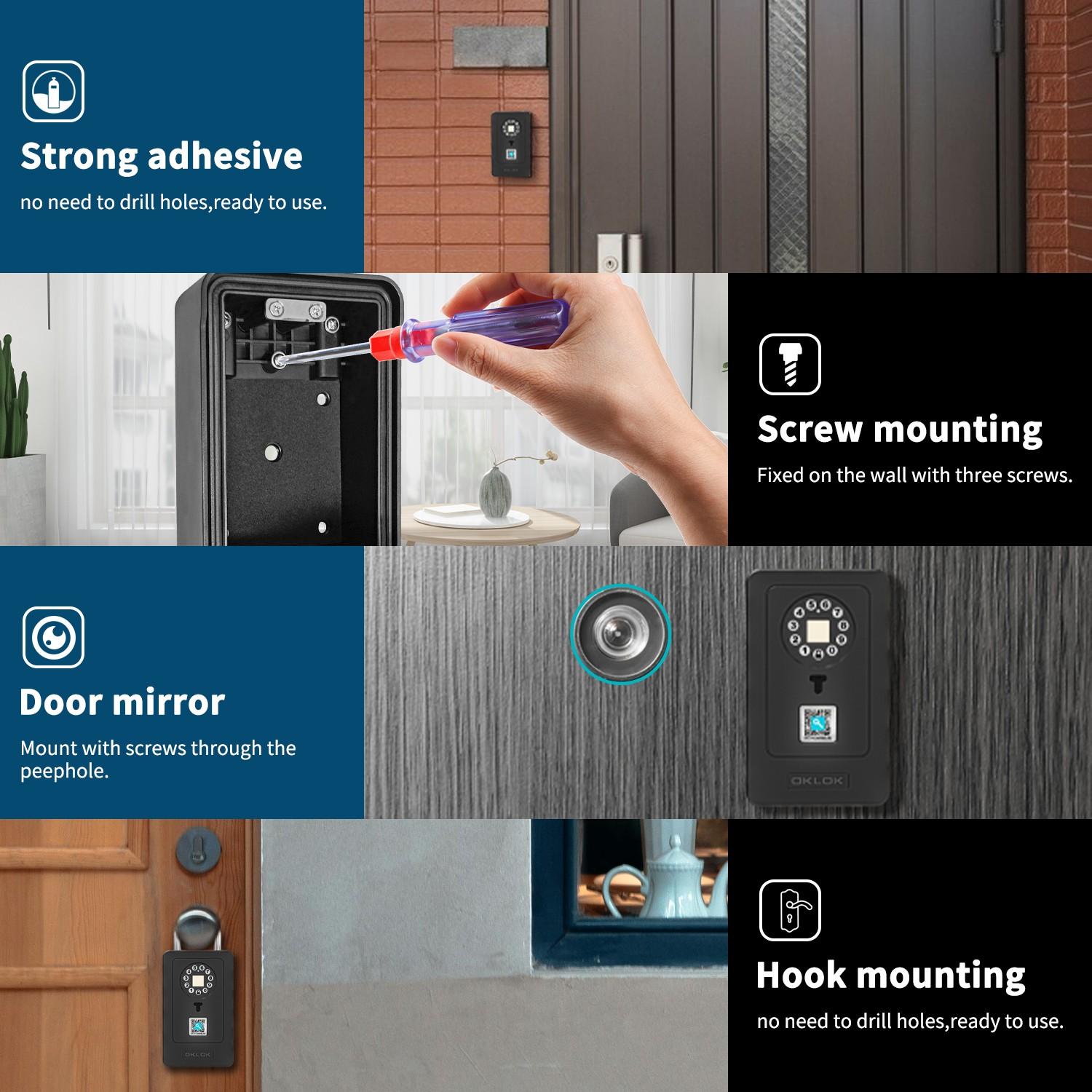 OKLOK New Smart Lock Boxes, Fingerprint Key Box, Bluetooth-compatible Key Box with APP Control & Passcode, Waterproof Wall Mounted & Door Hanging