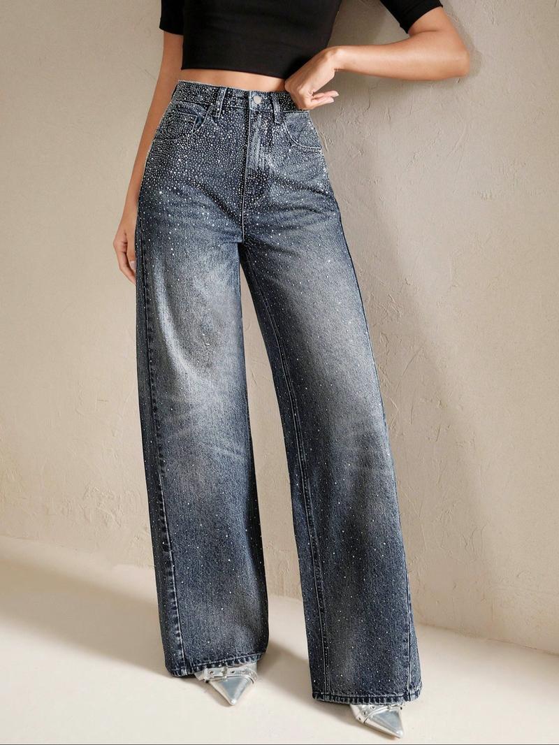 Women's New Trendy Rhinestone Glitter Straight Leg Jeans, Party Washed Denim Young Elastic Comfortable Long Pants, Casual Fitted H-Type