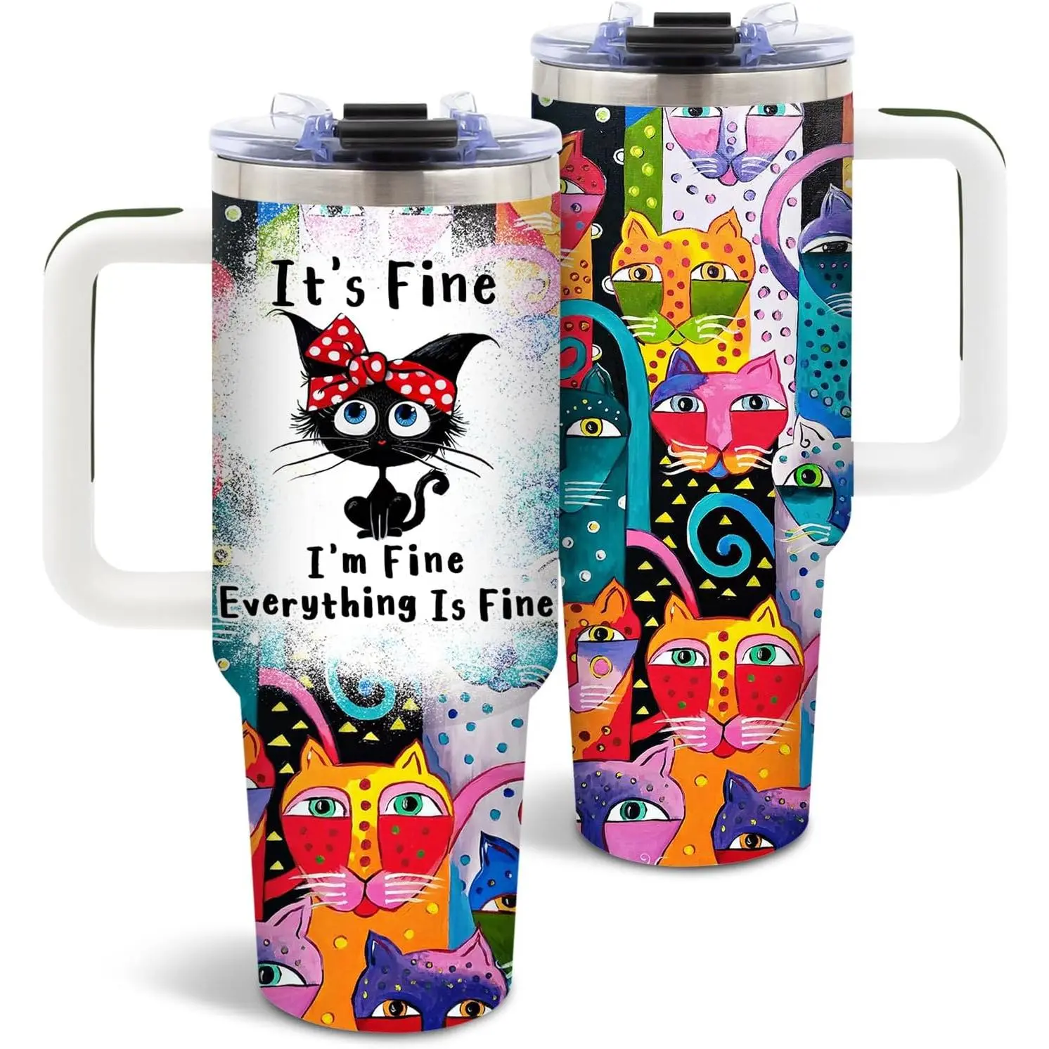 Colorful Cat Tumbler 40oz, Insulated Cat Art Cup Gifts for Women Girl | Funny Cats Tumbler Leakproof, Cats Water Bottle for Gym Office, Mothers Day Birthday Ideal Gifts for Cats Lovers, 1 Pack