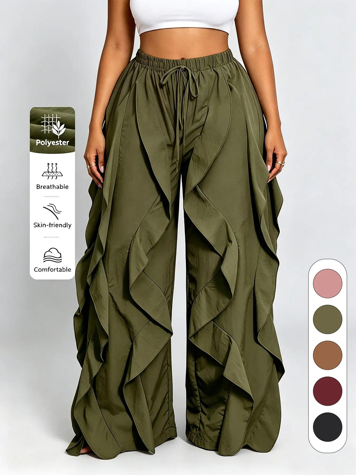 Plus Size Drawstring Elastic Waist Ruffle Side Wide Leg Pants, Lightweight Flowy Irregular Boho Trousers, Curvy & Hip Concealing, Perfect for Beach Vacation, Summer Outfits, Street Shot Looks, Girls Shopping, Seaside Trips, Holiday Photos, Loungewear