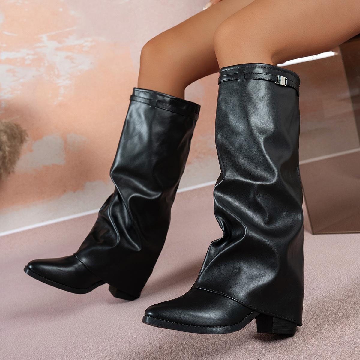 Women's Black Foldover High Knee Boots - Trendy Pointed Toe Slouchy Long Boots & Chic Casual Winter Shoes