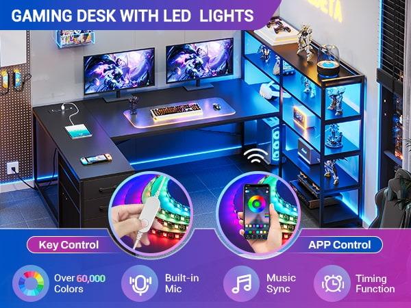 Sikaic 64.5 inches Reversible L Shaped Desk with Storage Shelves U Shaped Gaming Desk with 3 Drawers Power Outlet & LED Strip Cabinet Swivel Organizer Organization Adjustable