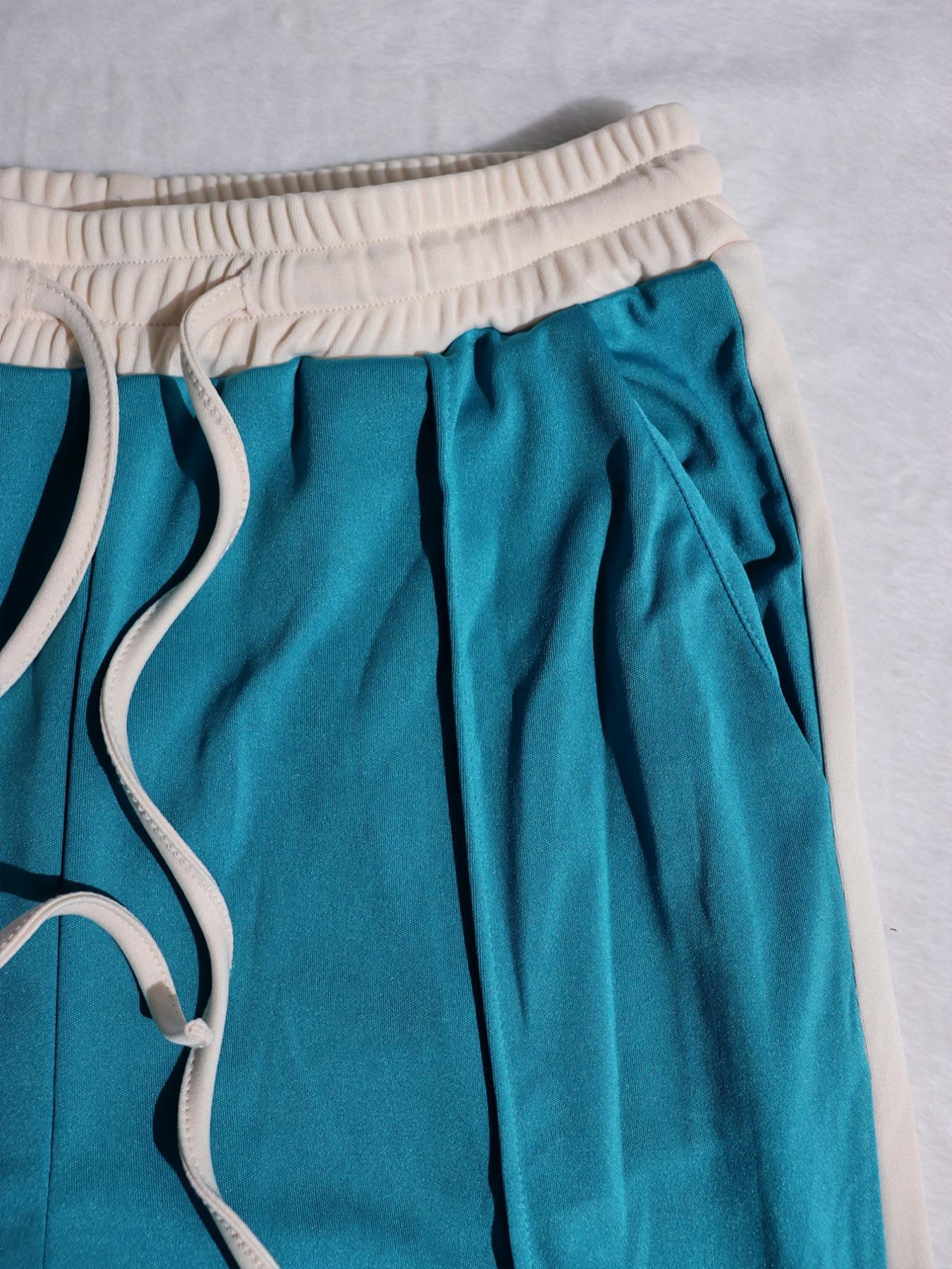 Women's 2-Piece Colorblock Fitted Zipper Jacket & Wide-Leg Pants Set, Casual Streetwear, Daily Commute Fashion, Trendy Women's Clothing