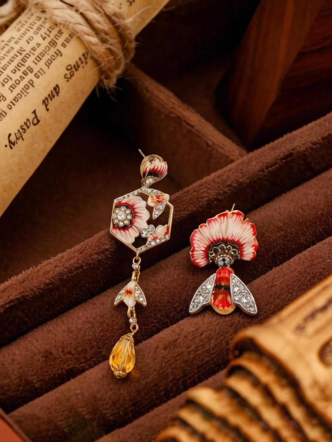 A pair of fashionable enamel floral and bee-shaped earrings with yellow crystal pendants, suitable for both daily commuting and vacation dates, and also a delightful and exquisite small gift.