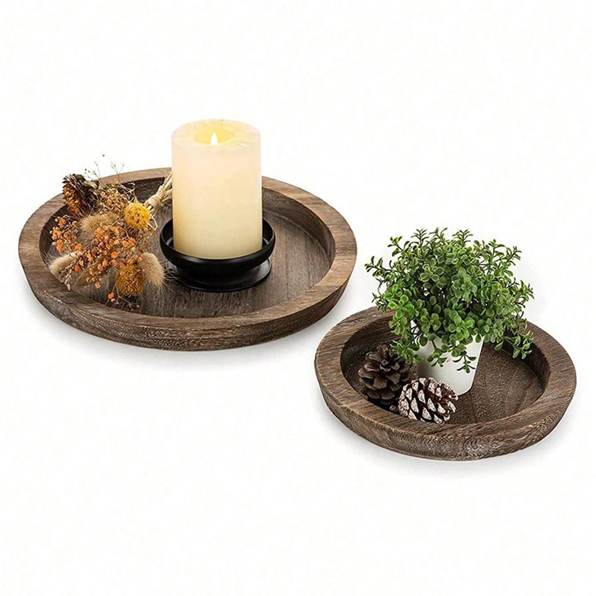 Multifunctional Wooden Tray, Decorative Round Jewelry Storage Tray for Bathroom Vanity, Rustic Farmhouse Coffee Table Decoration