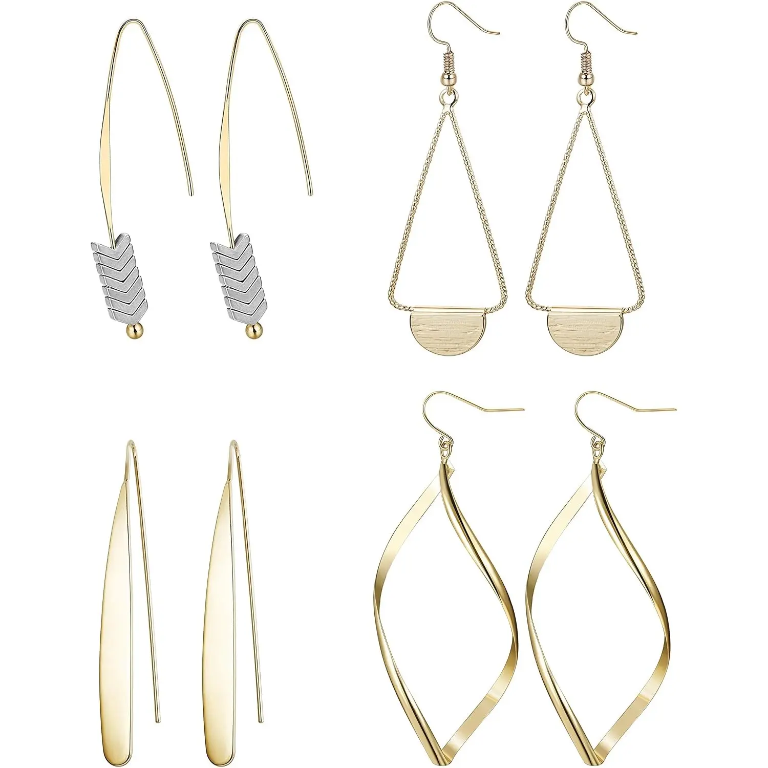 4 Pairs Curved Threader Dangle Drop Earrings Set for Women Girls, Statement Bar Arrow Hoop Style Earrings, Dainty Sparkly Minimalist Piercing Jewelry for Daily Party Evening Wear