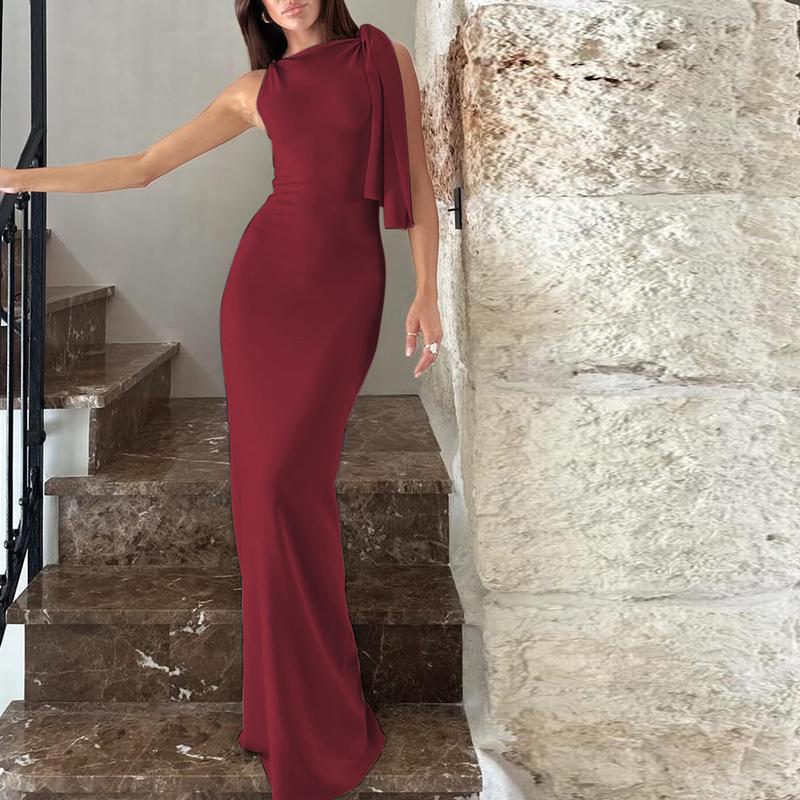 Knotted One Shoulder Mermaid Dress Women's 2025 Summer & Fall New Sleeveless Maxi Bodycon Dress for Ladies Evening Party Club Dating Elegant Dresses Clothes Outfits