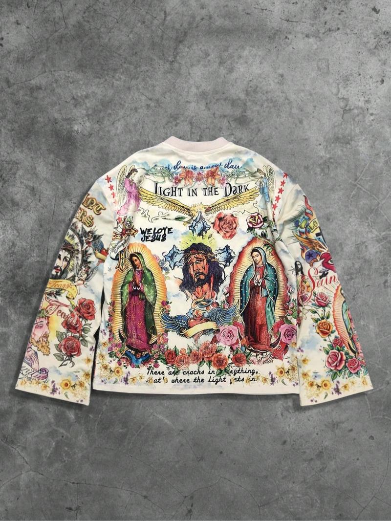 Men's Vintage Street Style Saint Print Long Sleeve Round Neck T-Shirt, Casual Street Wear, Loose-Fitting Short Top for Fall, 2000s Fashion