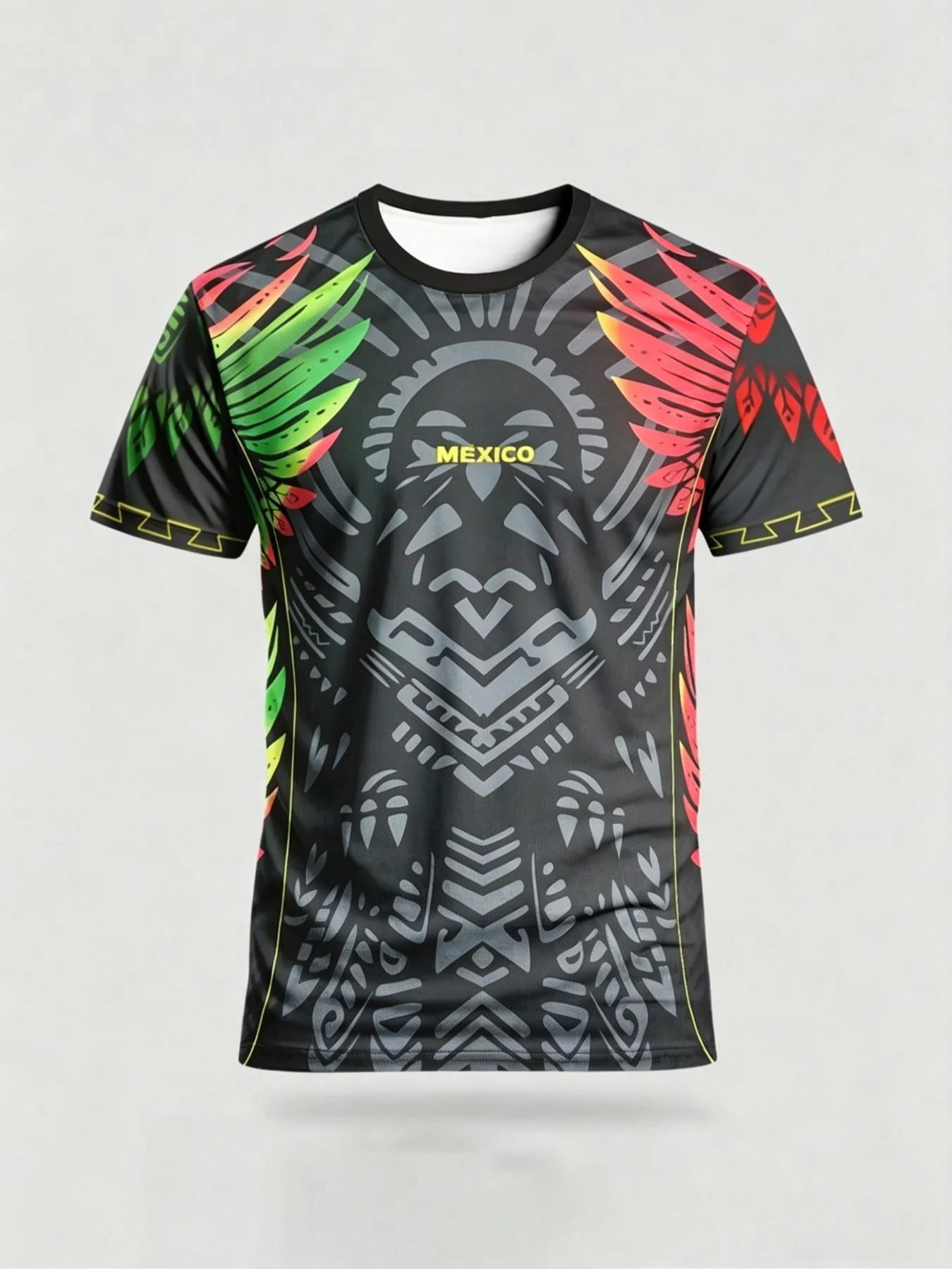 Men's Mexican Aztec Feather Sport T-Shirt, Street Style Round Neck Short Sleeve Top, Geometric Pattern, Loose Fit, All Seasons