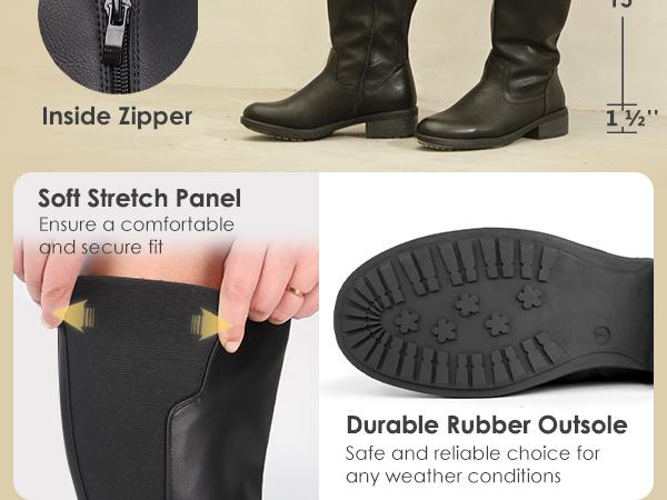 Women's Extra Wide Calf Knee High Boots with Side Zipper and Stretch Panel