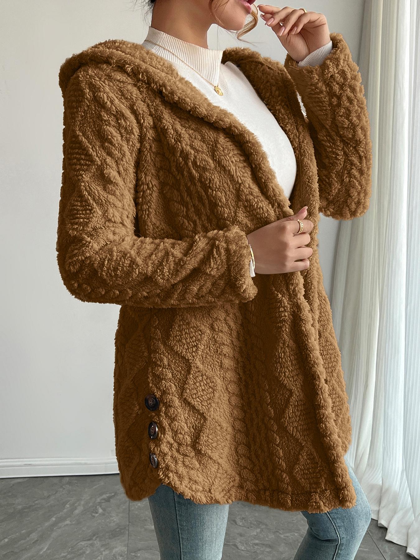 Women's Solid Color Fuzzy Knit Hooded Jacket Coats, Casual Long Sleeve Outerwear for Daily Wear, Ladies Clothes for All Seasons, Winter Womenswear