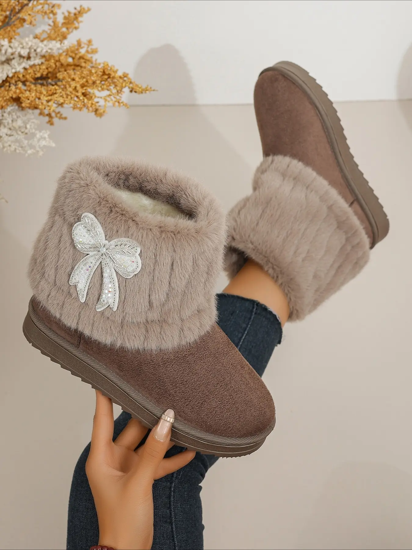 Fold-over fuzzy cuff snow ankle boots, round toe pull-on, thick plush lining, non-slip sole, warm versatile women winter boots