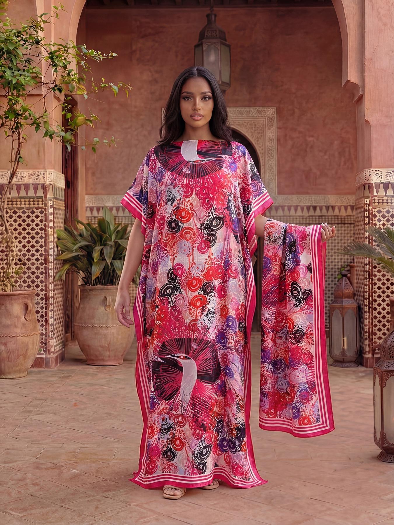 Women's Floral Print Robe Set, Casual Fashion Long Dress + Headscarf Scarf Hairband, Beach Sun Protection Satin Silk Shawl