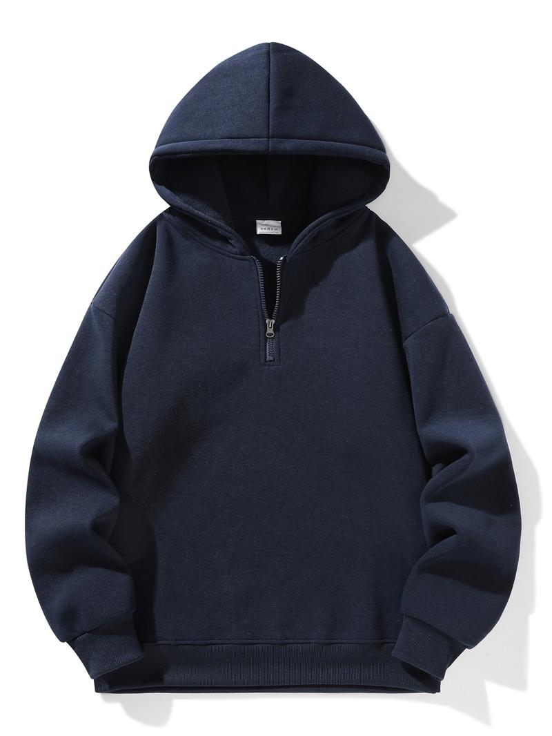 Men's Fleece-Lined Athletic Half-Zip Hoodie - Solid Color, Basic Style, Warm & Comfortable for Daily Wear, Street Casual & Outdoor Activities， Unisex Fleece Casual Sweatshirt ，Men's Upper Body Sweater。