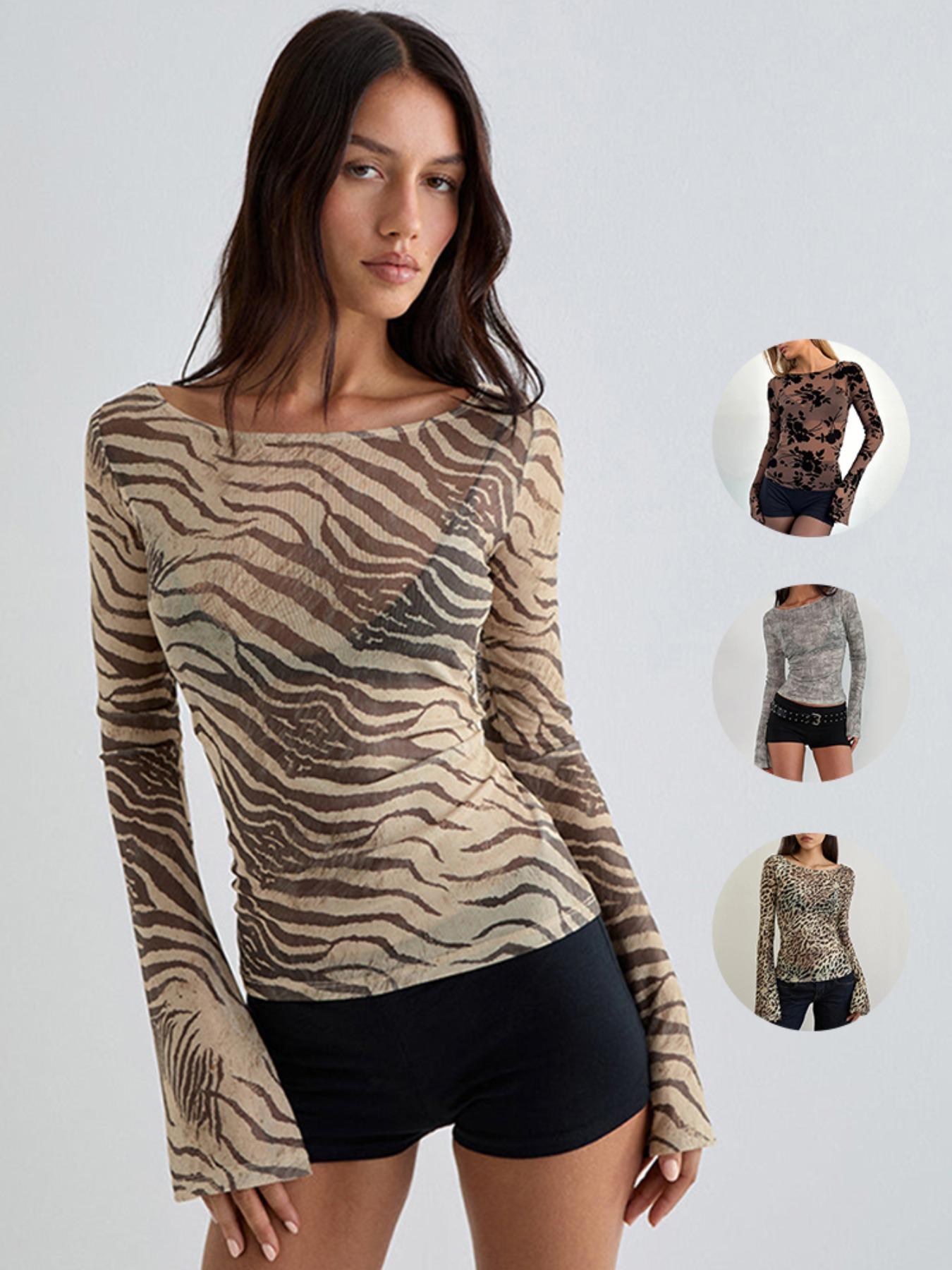 Women's Fashion Zebra Print Lightweight Loose Fit T-Shirt Top, Casual Spring & Fall Wear, Versatile Ladies' Clothing Womenswear
