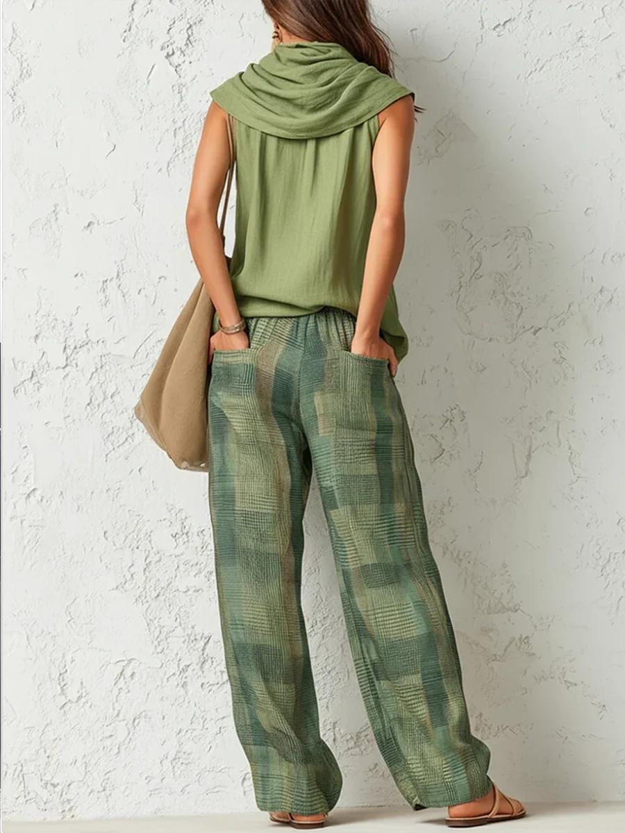 Women's High-Waisted Loose-Fit Contrast Color Plaid Pockets Polyester Bottoms, Casual Wear Pants, Trousers