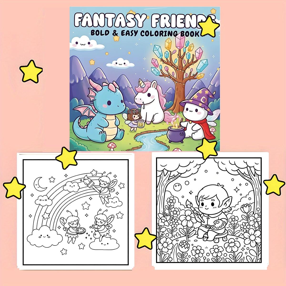 Fantasy Friends Bold & Easy Coloring Book for Kids & Adults - 22 Cute Kawaii Magical Creature Coloring Pages, 120gsm Thick No Bleed Paper, Non-Toxic Odorless, Glue Binding, Perfect for Stress Relief