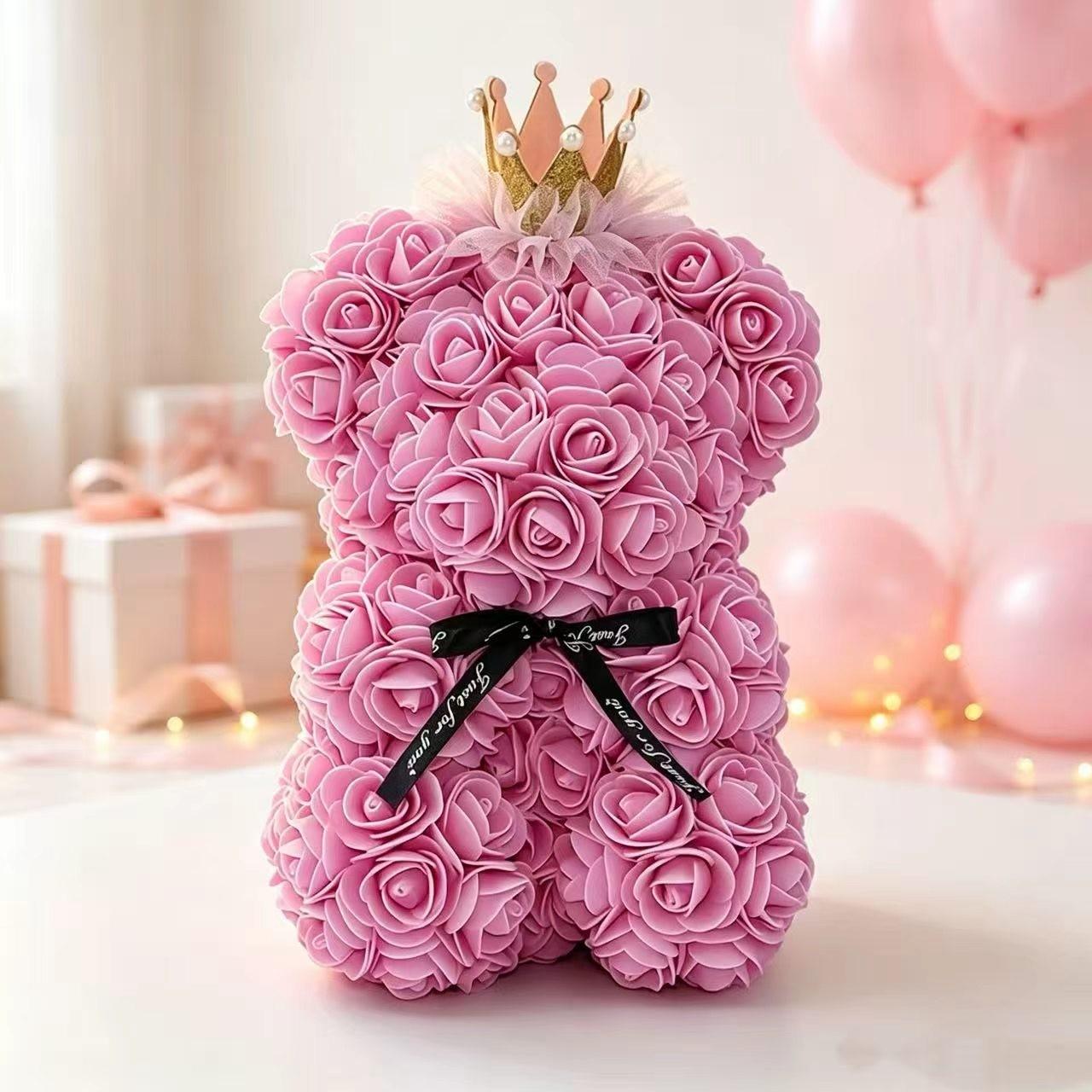 Rose Bear Crown Teddy Bear 23cm, Realistic Rose Flower Bear, Valentine's Day Gift for Girlfriend, Mother's Day, Christmas, Birthday, Decorative Collectible Gift