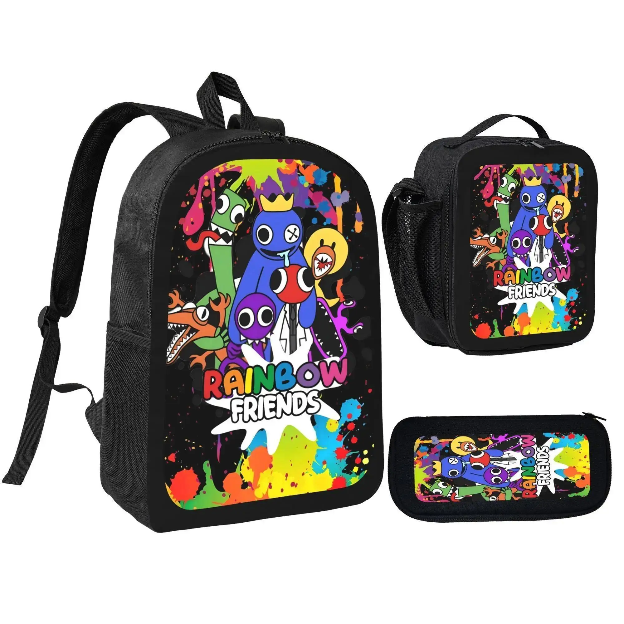 Rainbow Friends Backpack With Lunch Box Pencil Case 3 Piece For Boy Girl Teen Schoolbag Lightweight Large Capacity 600D Oxford Cloth Adjustable Straps Comfortable Mesh Back Cushioning backpack