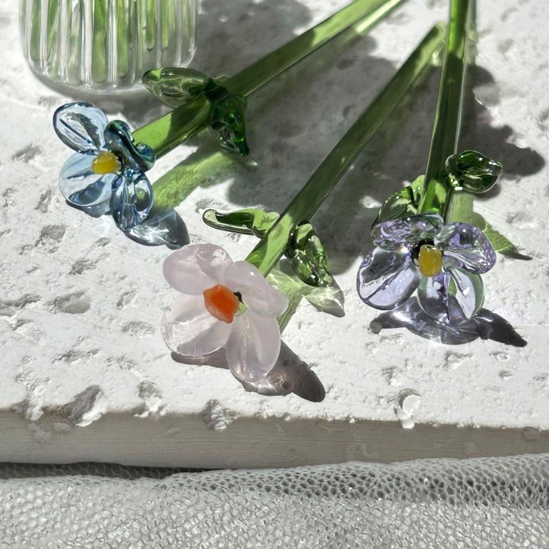 1/2/4/6/11PCS/SET Creative Mini Glass Flowers with Vase European Style Decorative Small Vase Set Elegant Crystal Clear Transparent Floral Bouquet Vase Office Desk Decor For Birthday Anniversary Mother's Day Handmade Glass Flower Bouquet Small Flower Gift