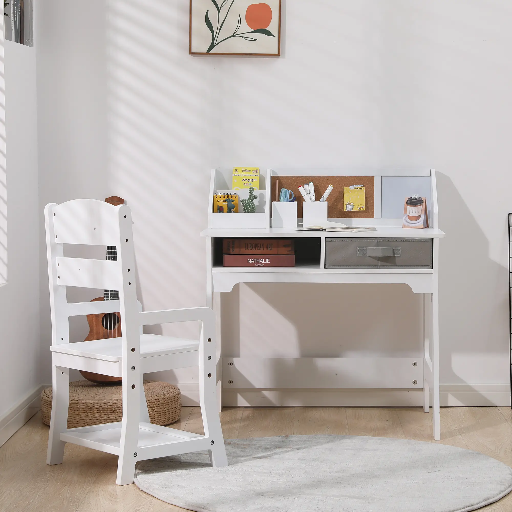 Garvee Kids Desk and Chair Set with Hutch - 2 Storage Drawers, Corkboard & Pen Holders - Space-Saving Student Study Homework Writing Table, Height-Adjustable Chair for Kids Bedroom - White