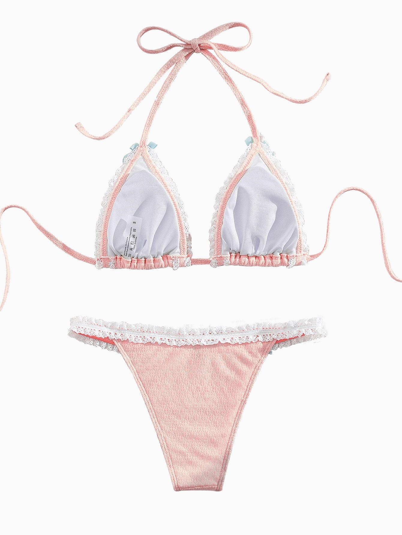 Two-Piece Set Women's Contrast Lace Bow Decor Bikini Set, Casual Tie Back Swim Bra & Swim Bottoms, Ladies Swimsuit for Beach Vacations, Summer Halter Bathing Suit